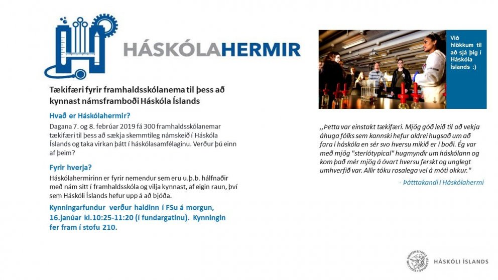 Kynningafundur vegna verkefnisins Háskólahermir verður haldinn í FSu á morgun, miðvikudag kl. 10:25 …