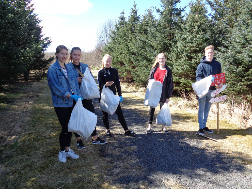 Nemendur drifu sig út að plokka í stað þess að skokka.