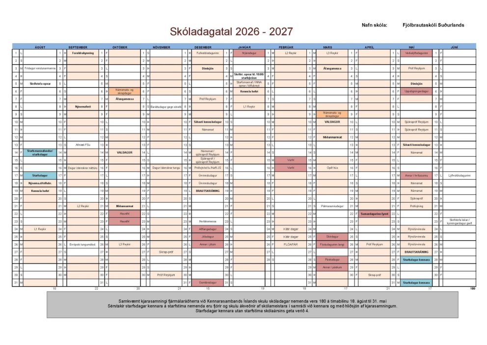 Skóladagatal 2026-2027