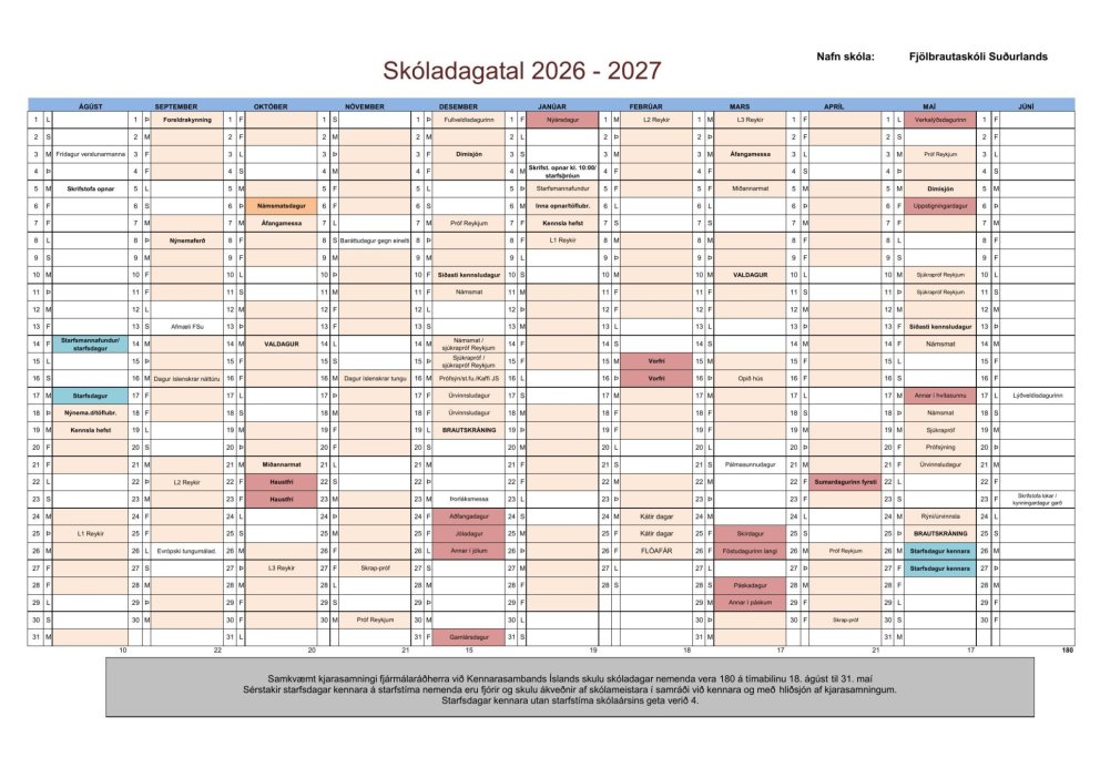 Skóladagatal 2026 - 2027