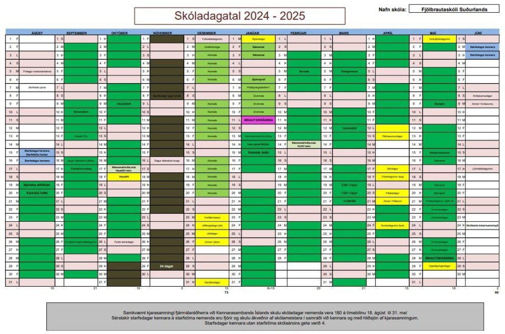 Uppfært skóladagatal