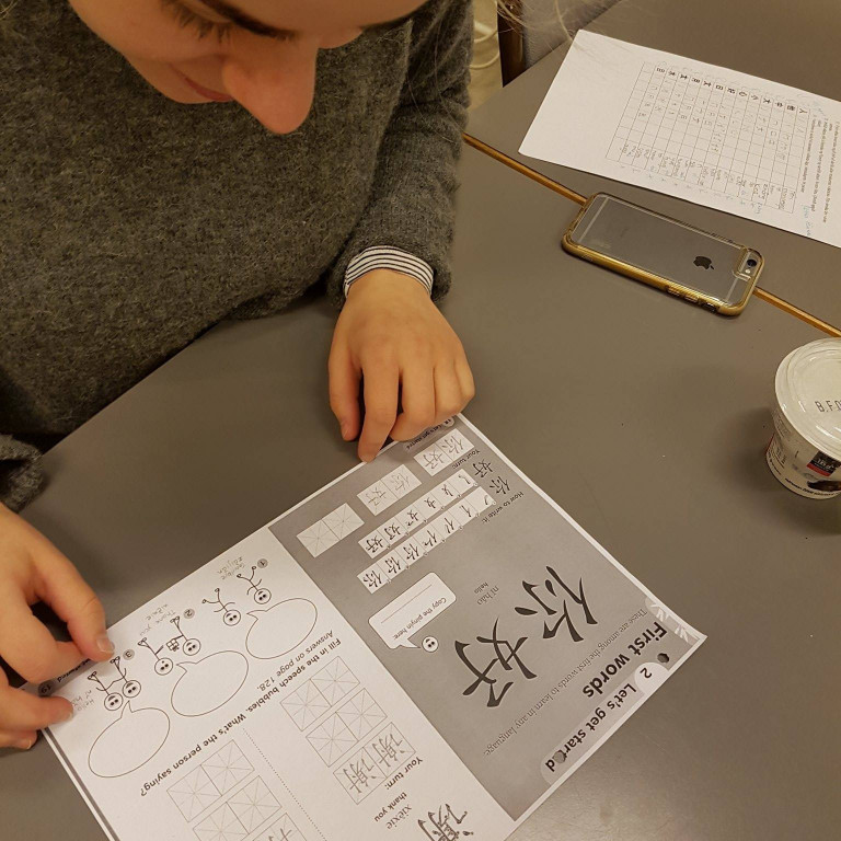 Nemendur keppast við að læra mandarín.