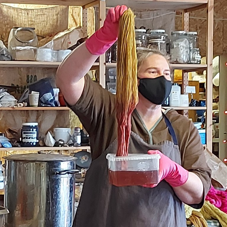 Guðrún Bjarnadóttir sýndi nemendum hvernig jurtir eru notaðar til að lita efni.