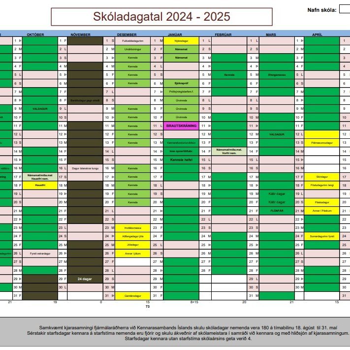 Uppfært skóladagatal